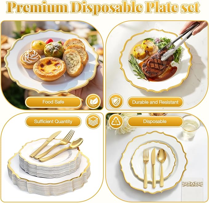 175 Plastic Dinnerware Set Gold Disposable Dinnerware Set for 25 Guests Include 50 Plastic Plates 25 Silverware Set 25 Cups and 25 Napkins for Easter Party Wedding Birthday