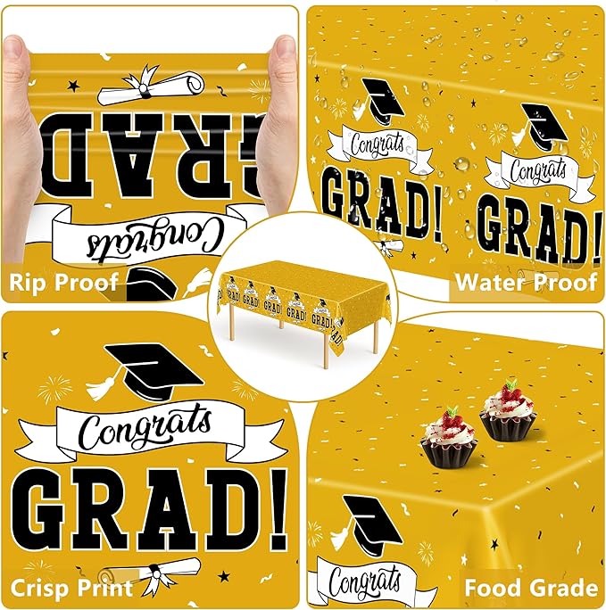 2 PCS 2026 Graduation Table Decorations, 108" X 54" Yellow Plastic Graduation Table cloths, Disposable Tablecover for Class 2026 Congrats Grad, Rectangle TableCloths for Grad Decor Party Supplies