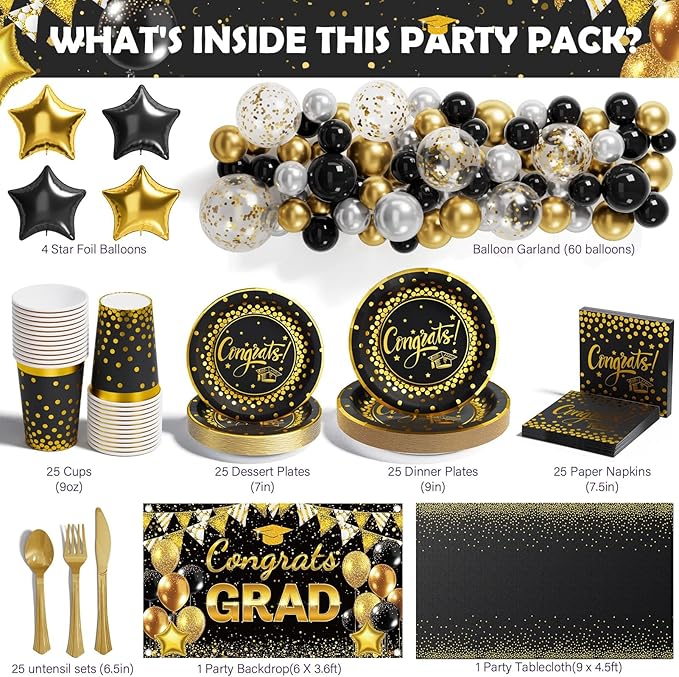 Ecomore 2026 Graduation Decorations - 245 PCS Grad Disposable Dinnerware(Serve 25) & Graduation Party Supplies With Congrats Paper Plate Cup Napkin Cutlery Tablecloth Backdrop Balloon Kit - Black Gold