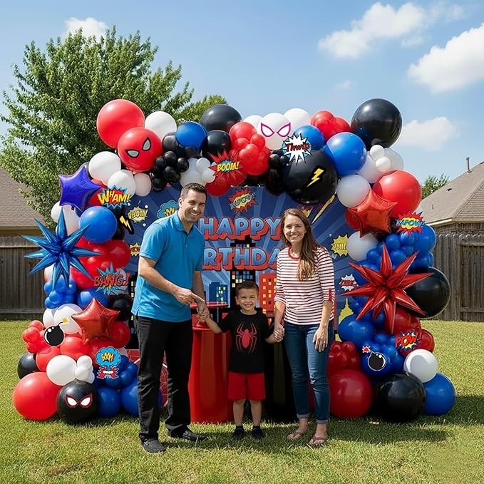 Blue Red Black white Balloon Garland Arch Kit 140PCS with backdrop card stickers Large Starburst mylar balloons for Spider Theme boy birthday Party Man Superhero inspired decorations
