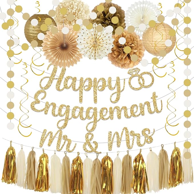 Engagement Party Decorations,Champagne-Gold Sage Congratulations Decorations includes Gold Glitter Happy Engagement Banner for Just Engaged Almost Married Party, Bachelorette Party Decorations