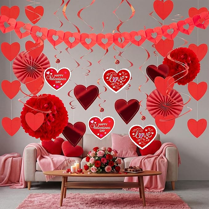 JOYIN 27 Pieces Valentines Day Swirl String Cutout, Decoration Kit with Heart Shaped Garland, Tissue Fans,Tissue Poms, Heart String, Double Swirls and Other for Valentines Party Wedding Anniversary
