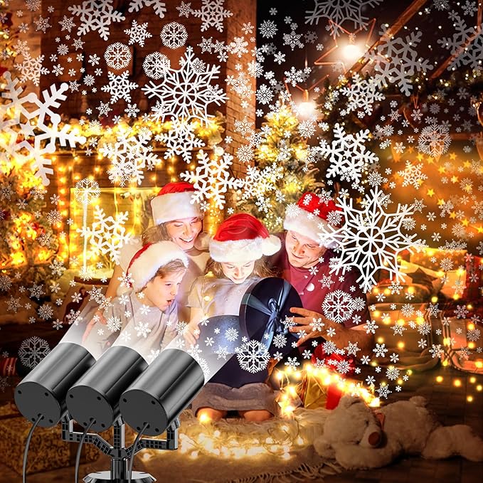 Christmas Snowflake Projector Lights Outdoor 360°Rotating Brightness Three Head Projection Lights Decor Suitable for Christmas, Indoor and Outdoor Party Decorations
