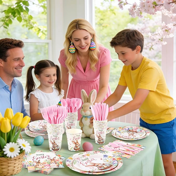 Kochorie 175 Pieces Easter Paper Plates and Napkins Disposable Colorful Eggs Easter Bunny Flower Tableware Set 7 Inch & 9 Inch Plates Napkins Cups Cutlery for Spring Holiday Party Decor, Serve 25