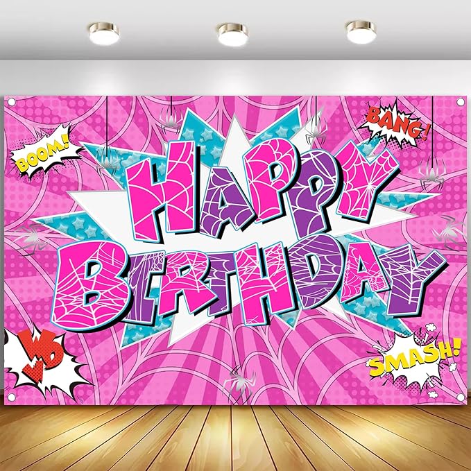 5x3ft Pink Spider Theme Backdrop Cartoon Photography Background Kids Boys Girls Birthday Party Decorations Photo Booth Banner Props
