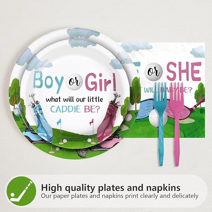 Grencian 96Pcs Golf Gender Reveal Party Supplies He She Theme Plates and Napkins Tableware Sets Pink and Blue Disposable Decoration for Baby Shower Newborn Pregnancy Boy Girl Birthday Party Serve 24