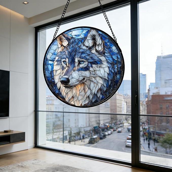 Stained Glass Window Hanging - Funny Wolf Suncatcher Ready to Hang Window Doors Home Decoration and Christmas, Mother's Day Birthday Gifts for Women, Men, and Mom 6.3x6.3 in