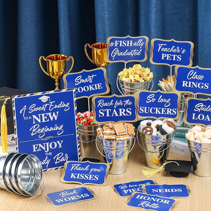 12 Set 2026 Graduation Candy Buffet Party Decoration Graduation Table Candy Bar Snack Labels Signs and 5'' Buckets with Handle for Class of 2026 Party Parties Supplies(Pure Style,Blue)