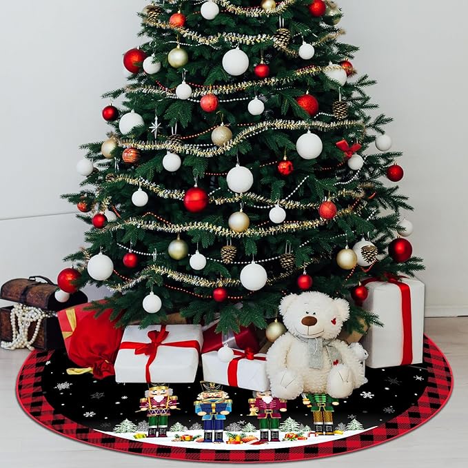 48 Inch Christmas Tree Skirt Double Layer Large Snowflake Xmas Tree Mat Decor for Winter Holiday Party Indoor Outdoor Christmas Decorations(Black,Nutcracker)