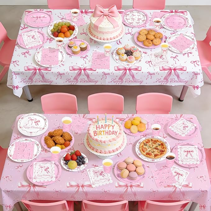 Pink Bow Happy Birthday Decorations Set for 24: Bachelorette Party Supplies Kit with Dinner & Dessert Plates, Napkins, Cups, Banner, Tablecloth - for Women's Tea Birthday Party Decorations