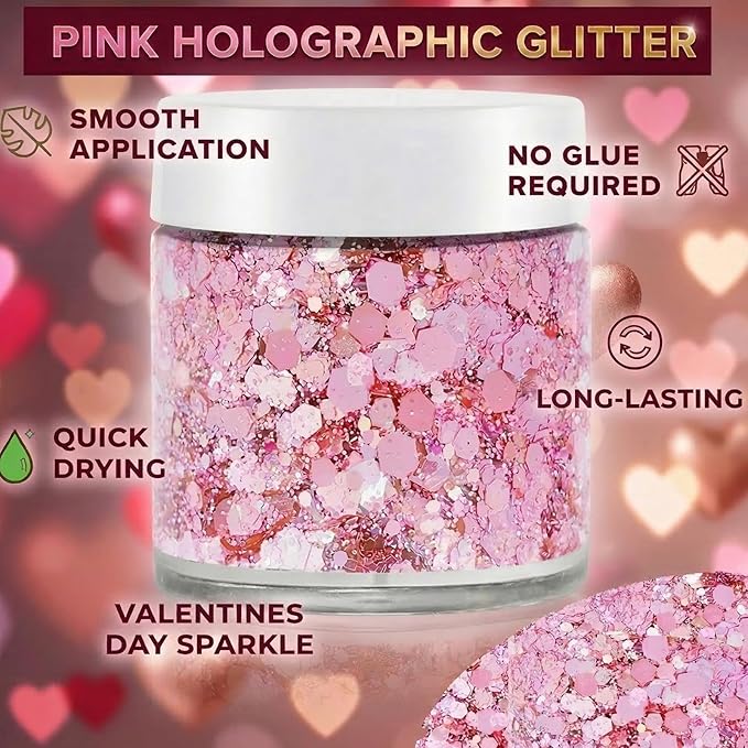 Pnk Face Hair Glitter,Cheer Holographic Pink Body Glitter,Rave Music Festival Singer Concert Outfit for Women,Pink Out Accessories for Spirit Week,Halloween Cosplay Shimmer Makeup