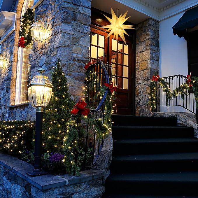 23" White LED Moravian Star Outdoor Light,Waterproof 3D Christmas Tree Topper Lamp with Timer Function,Hanging Outdoor Christmas Light for Holiday Porch Room Party Decoration (23 inch)