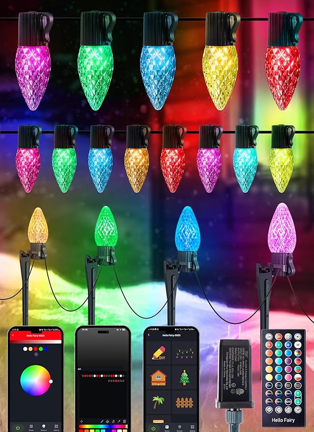 Brightown Smart C9 LED Christmas Lights Outdoor House, 50Ft 75 LED RGB Christmas Pathway Lights with 58 Preset Modes, App or Remote Control, Music Sync, Memory and Timer Function for Indoor/Outside