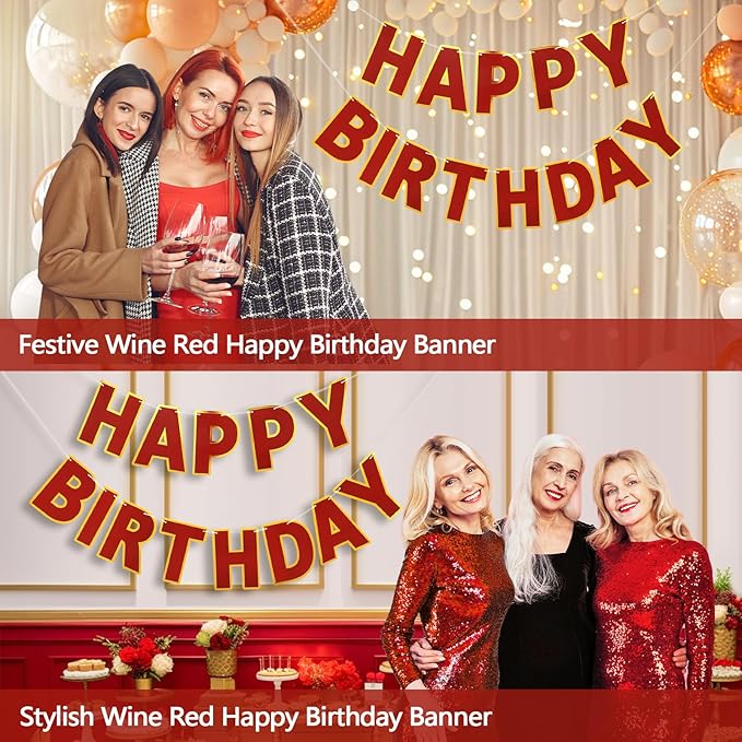 Happy Birthday Banner - 9ft Pre-Strung Happy Birthday Sign for Women, Men, Girls, Boys - No DIY Birthday Decorations & Party Supplies(Wine Red)