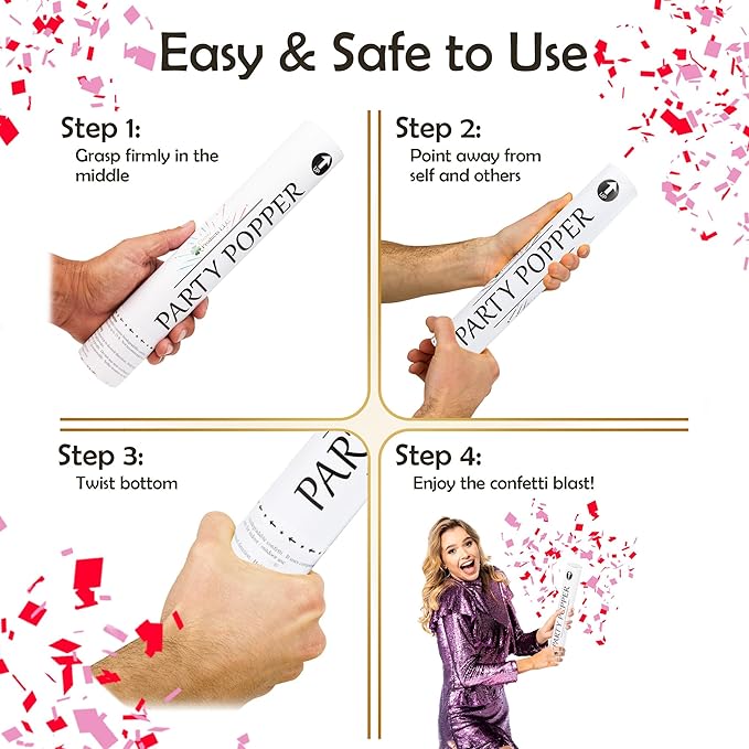 Clover Products 12" Biodegradable Confetti Poppers | 6 Pack | Red & Pink Poppers for Weddings, Birthdays & Events | Air-Powered, Safe & Easy to Use | Shoots 25 Feet for Indoor & Outdoor Celebrations