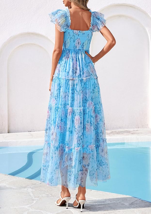 PRETTYGARDEN Women's Summer Tulle Midi Dress Sleeveless Smocked Ruffle Flowy Mesh Dresses Party Wedding Guest Sundress