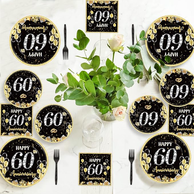 chiazllta 96 Pcs 60th Wedding Anniversary Party Paper Plate and Napkins Supplies Gold Black Disposable Tableware Anniversary Party Paper Plates Napkins Supplies for Party Favors 24 Guests