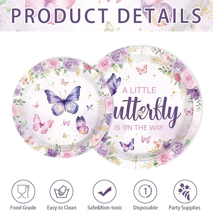 250 Pcs Butterfly Baby Shower Decorations A Little Butterfly is on The Way Tableware Set Include Purple Floral Plates Napkins Cups for Kids Girls Baby Shower Birthday Supplies Serves 50