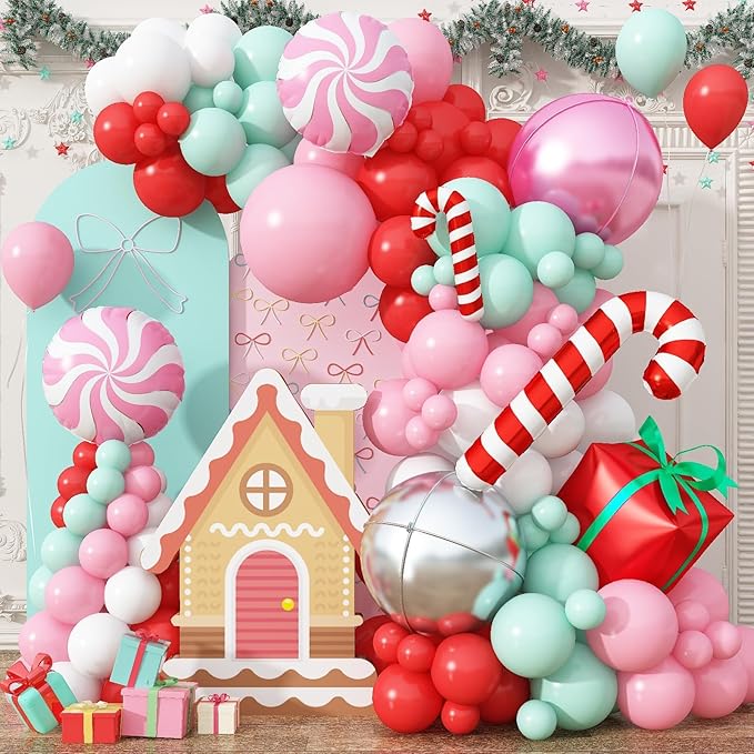Christmas Balloon Garland 129pcs, Gingerbread Pink Green Red White Balloons Arch Kit with Foil 22inch Large 4D Balloon Candy Cane Gift Box Balloons for Christmas Party New Year Xmas Holiday Decoration