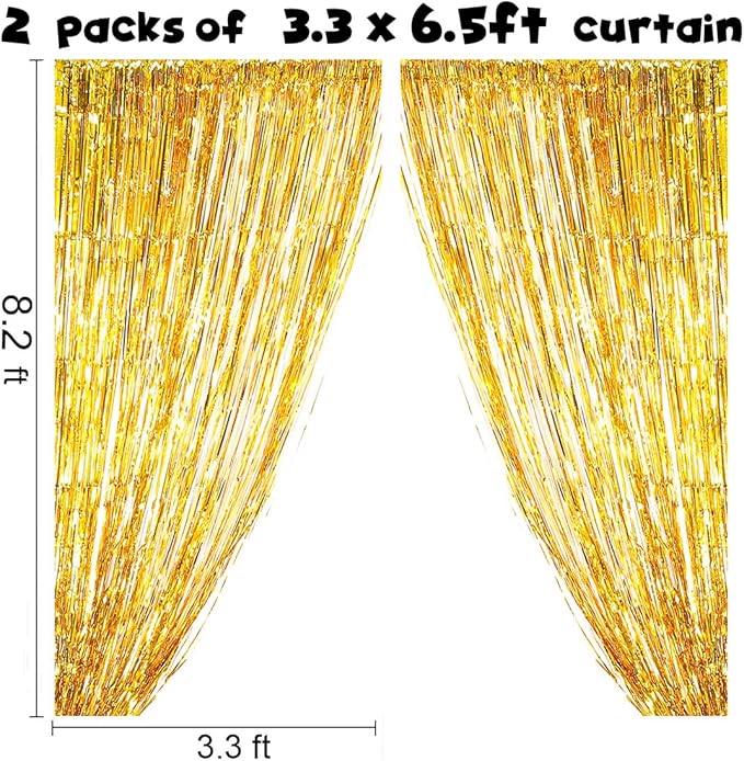 Gold Backdrop Fringe Curtain for Party Decor -6.5x6.5ft, Pack of 2 | Gold Foil Curtain Backdrop Tinsel Streamers for Bachelorette Party Baby Shower Graduation Birthday Wedding Photo Booth Backdrops
