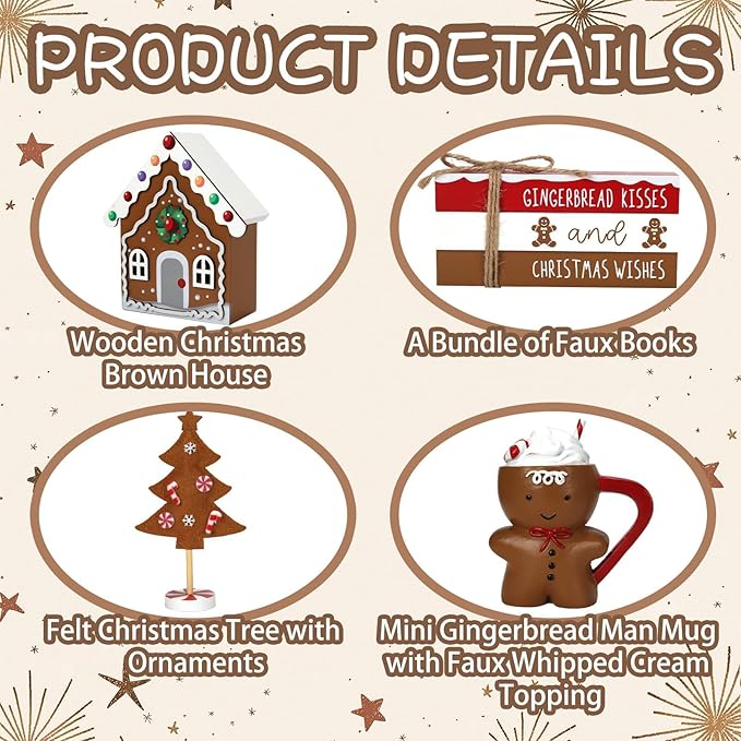 Gingerbread Christmas Decorations 8 PCS Tiered Tray Decor Set, Cute Tabletop Christmas Decor for Home Shelf Mantel Fireplace Office Desk Coffee Bar Xmas Table Centerpieces Tray Objects Holiday Baking