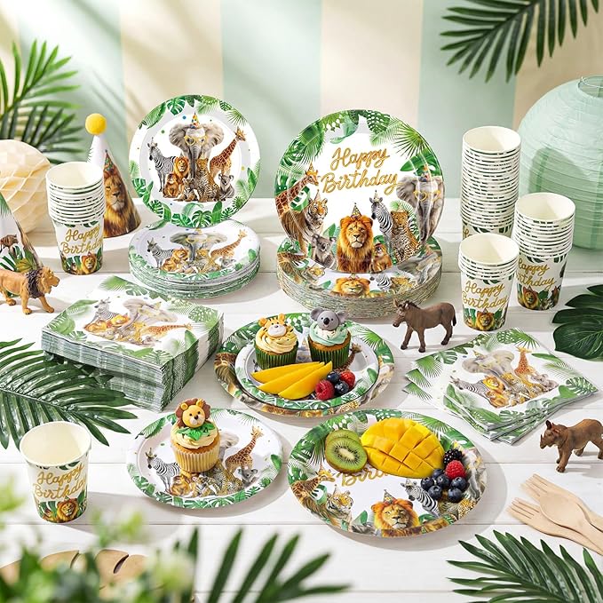 250 Pcs Safari Birthday Decorations for 50 Guest, Jungle Animals Paper Plates Napkins and Cups for Wild Animals Lion Tiger Zoo Theme Party Supplies