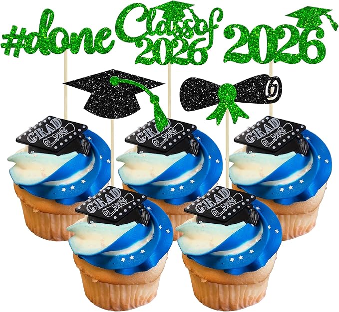 Gyufise 30Pcs 2026 Graduation Done Cupcake Toppers Green Glitter Class of 2026 Cupcake Picks Grad Cap Diploma Cake Decorations for 2026 Graduation Theme Party Cake Decorations Supplies