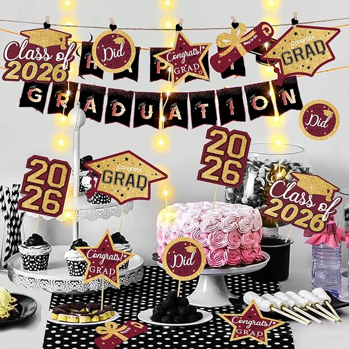 OuMuaMua Graduation Decorations Class of 2026-30pcs Maroon Gold Graduation Table Centerpieces Sticks Table Toppers with Lights for College High School Congrats Grad Party Supplies