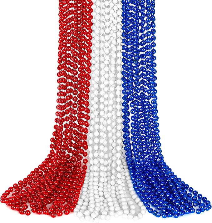 4th of July Accessories, 15PCS 4th of July Bead Necklaces, Metallic Patriotic Independence Day Red Blue White Necklace, Necklace for Memorial Day Patriotic Parades Party Favors Supplies