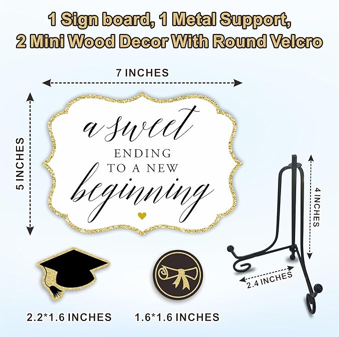 Gold Grad Party Wooden Table Sign - A Sweet Ending To A New Beginning - 5"X7" Buffet Sign, Treat Sign With Metal Support & 2 DIY Wood Decor With Velcro, Grad Party Decorations & Supplies - B04