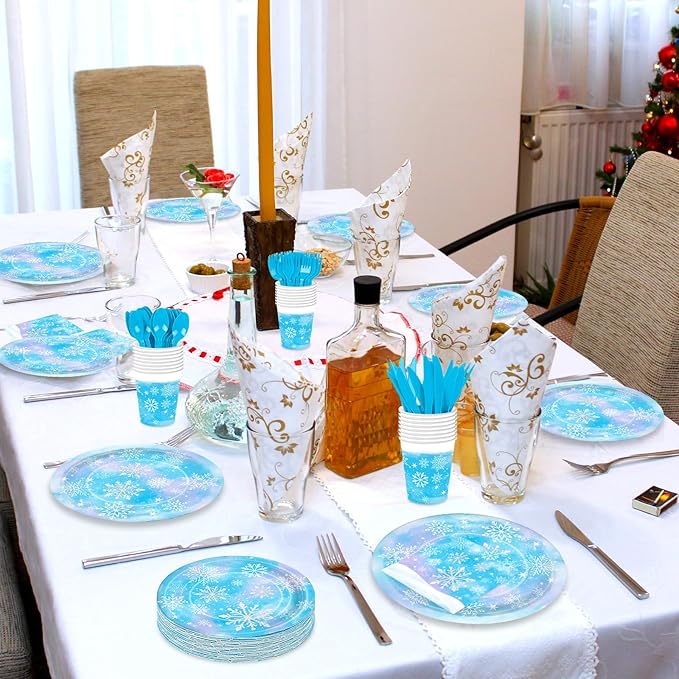 175 Pcs Snowflake Winter Wonderland Tableware Set - Serves 25, Snowflake-Themed Disposable Plates, Cups, Napkins, Forks, Spoons, Knives for Christmas, Winter Party Supplies, Holiday Gatherings