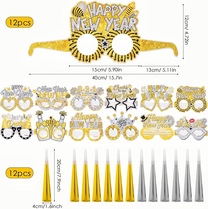YVAINE 2026 New Year Eve Party Supplies 36pcs Gold Silver Years Eve Decorations Kit - Happy New Year Paper Glasses Headband Cone Hats Noisemaker for 2026 Happy News Year Eve Party Supplies