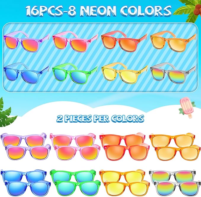 Party Favors Kids Sunglasses Bulk - 16 Packs Neon Sunglasses for Kid Age 3-8, UV400 Protection Party Sunglasses Goodie Bags Stuffers for kids Birthday Party Supply, End of the Year Gifts For Students