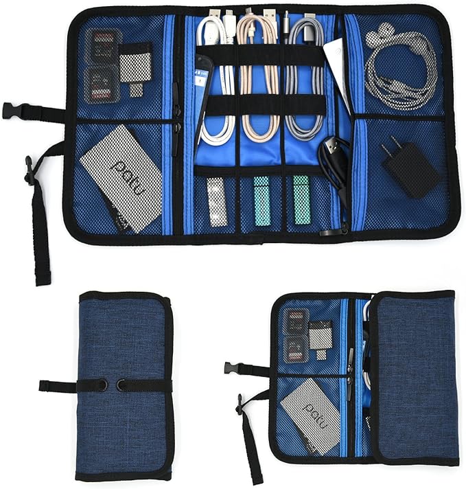 Patu Roll Up Electronics Accessories Travel Gear Organizer Case, Portable Universal External Batteries Hard Drives Cables Cosmetics Kit Bag, Navy