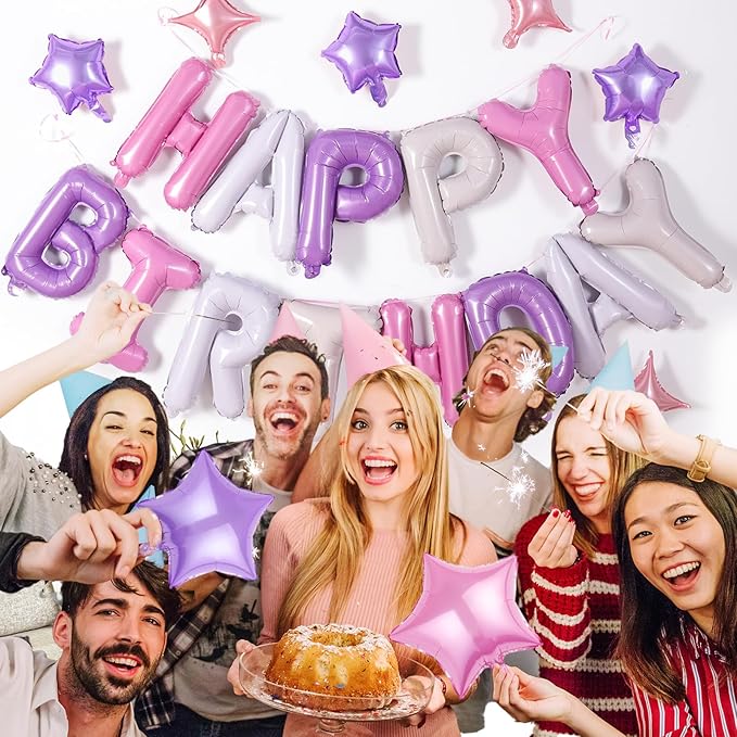Birthday Banner, 3D Mylar Foil Happy Birthday Balloons, 26pcs Birthday Party Decorations with 8pcs Star Balloons for Kids Girls Women Adults Ecofriendly Party Supplies, Pantone
