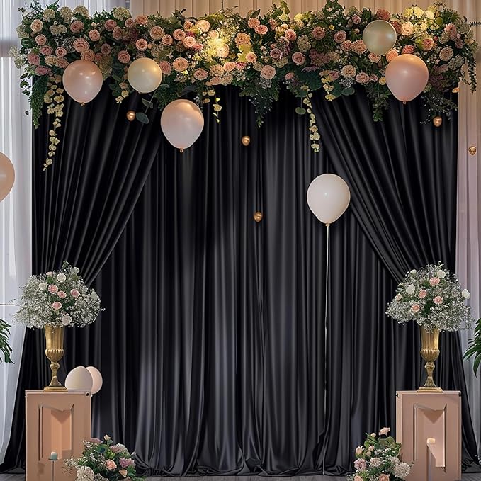 8x10FT Black Backdrop Curtains for Wedding Parties, Wrinkle Free Polyester Photo Backdrop Drapes for Graduation Photography Baby Shower Birthday Stage Background Stand Decorations 4x10ft,2 Panels