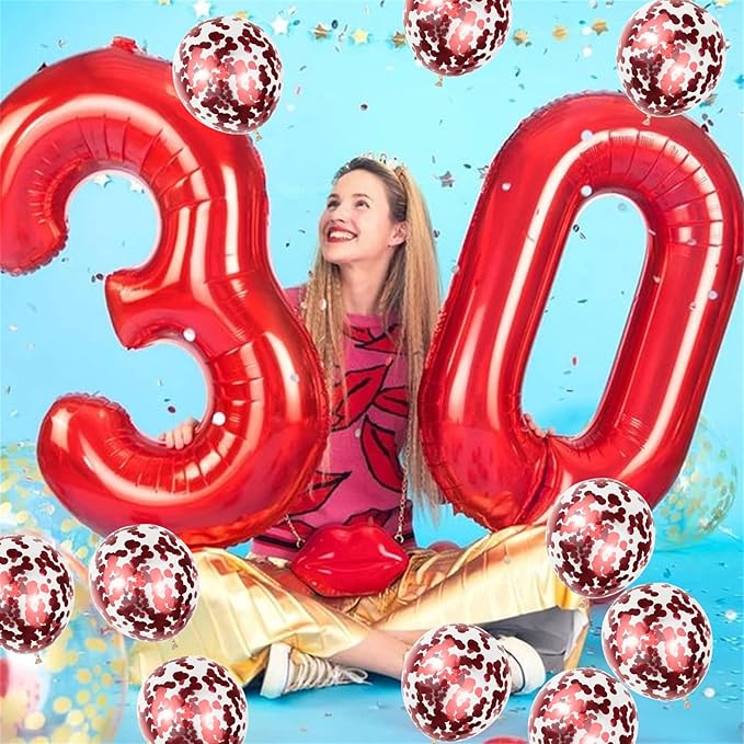 Red 13 & 31 Birthday Balloons - Large Foil Numbers with Red Confetti, Perfect for Girls, Boys, Women, Anniversary & Baby Showers
