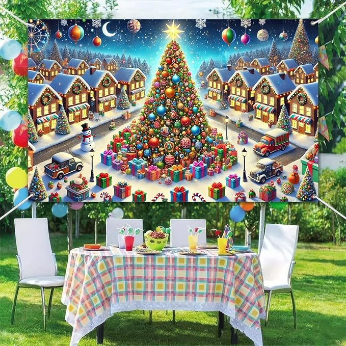 Christmas Village Backdrop 70.9 x 43.3 Inch Winter Wonderland Tree and Snowy Houses Banner with Gifts, Snowman & Lights for Indoor Outdoor Holiday Party Photo Background