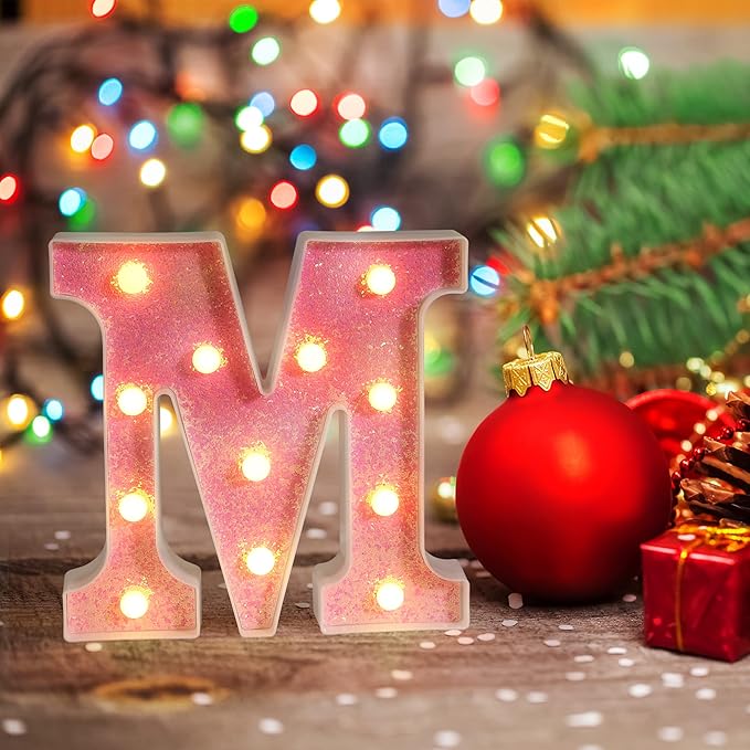 Foaky Pink Light up Letters，Pink Party Decorations,Girls Room Decor,Glitter Light Up Letters,Alphabet Letter Sign for Night Light Birthday Party Girls Gifts, Home Bar Decoration（G）