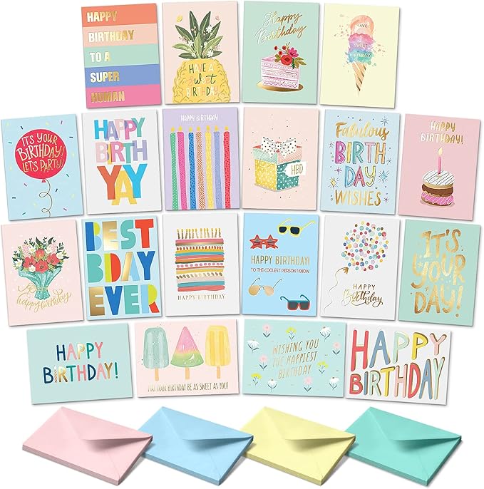 Sweetzer & Orange Happy Birthday Cards with Envelopes & Assortment Box. Variety Set of 20 Assorted Birthday Cards with Envelopes, Perfect Bulk Pack for Celebrations, Special Occasions, Friends