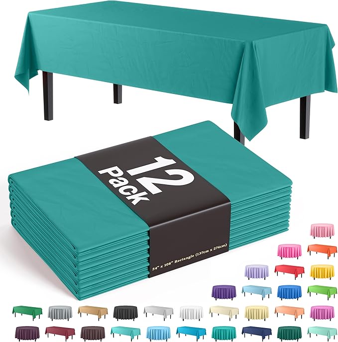 Exquisite 12-Pack Premium Plastic Tablecloth Pack of 12 Premium Plastic Tablecloth 54 Inch x 108 Inch Rectangle Table Cover - Teal