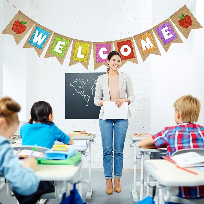 Welcome Burlap Banner Back to School Party Decorations Glitter Welcome Banner with Apple Sign - First Day of School Party Supplies for Classroom,Teacher,and Office Hanging Decor