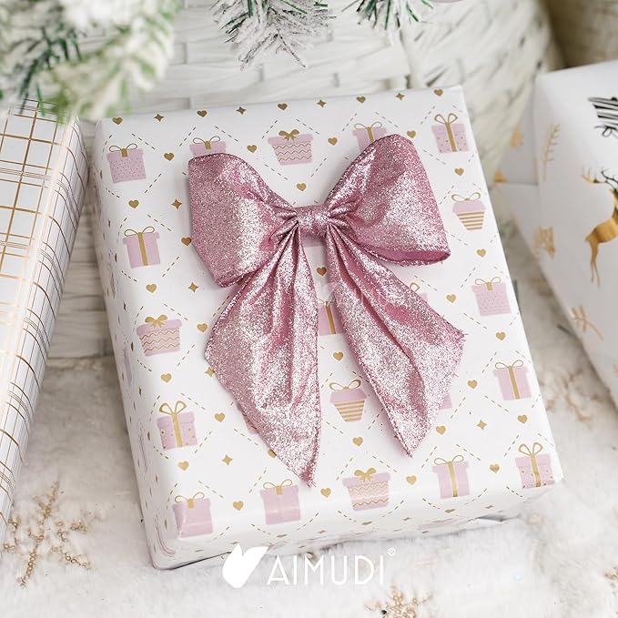 AIMUDI Pink Glitter Wired Ribbon Bows with Twist Tie 5.5" Premade Metallic Christmas Bows for Gift Wrapping, Wreath, Garland, Holiday Crafts Party Home Outdoor Christmas Tree Decorations, 12 PCs