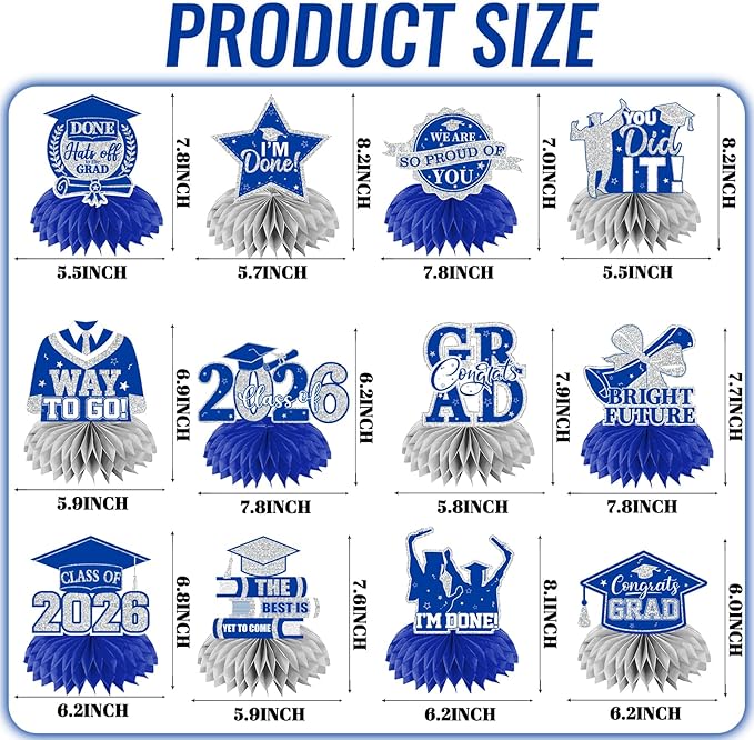 12pcs Graduation Table Decorations 2026,Silver and Blue Graduation Decorations 2026 Graduation Centerpieces for Tables,Class of 2026 Centerpieces Honeycomb for Congrats Grad Table Decor