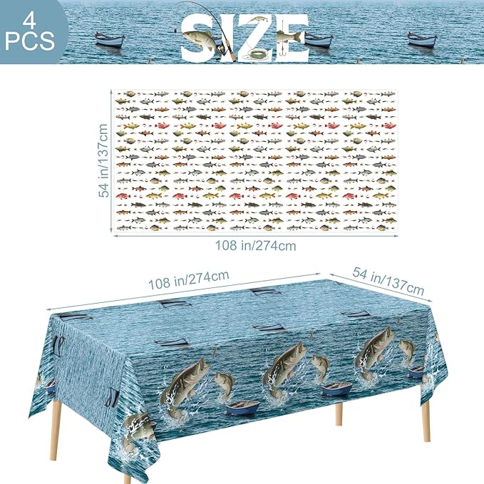 4 Pack Fish Tablecloths, Fishing Birthday Party Decorations, Gone Fishing Plastic Tablecloths for Bass Ofishally One Birthday Decorations, 54" × 108"