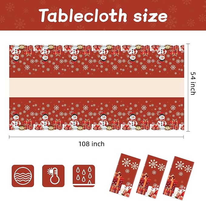 Childom 3 Pack Christmas Tablecloths,Disposable Plastic Tablecloths 54" x 108" Christmas Decorations,Xmas Snowman Table Cloths for Party Supplies,Plastic Table Covers for Home,Dinner,Indoor or Outside