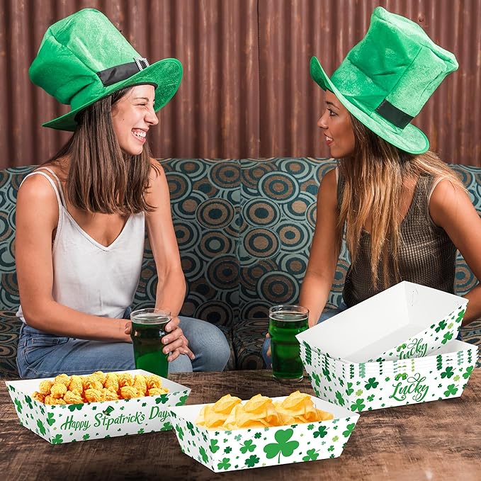 100 Pcs St. Patricks Day Paper Food Trays, Disposable Shamrock Food Trays, Green Snack Serving Plates, Irish St. Patricks Day Decorations Food Boats Irish Party Favors for Green Shamrock Celebration