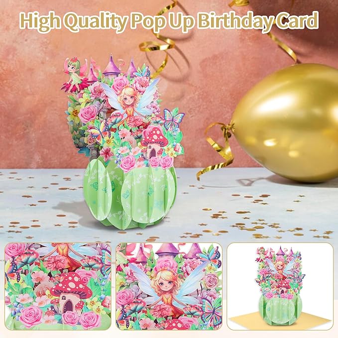 FaCraft Fairy Birthday Card - for Girl, Handmade Happy Birthday Pop Up Greeting Cards Gift with Envelope, for Daughters, Granddaughters, Nieces