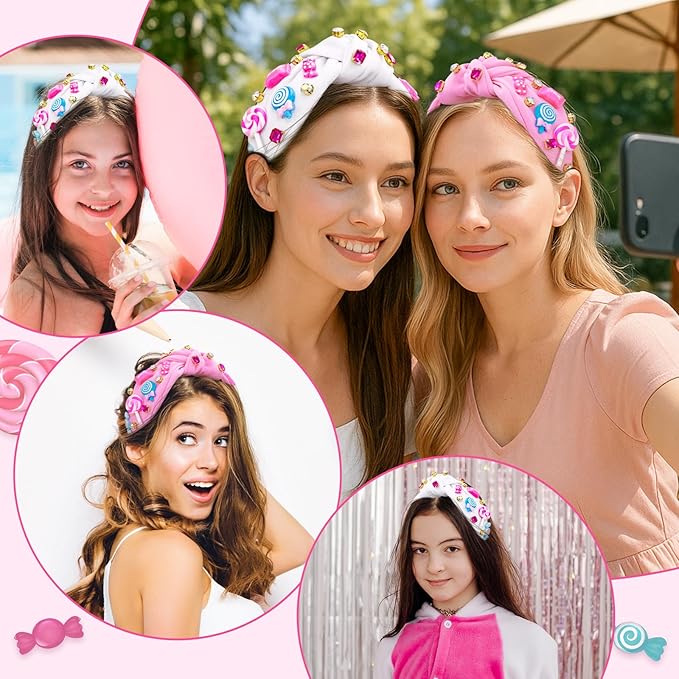 Candy Knotted Headbands for Women, Lollipop Sugar Charms Rhinestone Jeweled Wide Cute Headband for Girls, Fashion Hairband Hair Accessories Birthday Holiday Candyland Party Favors Gifts - Pink