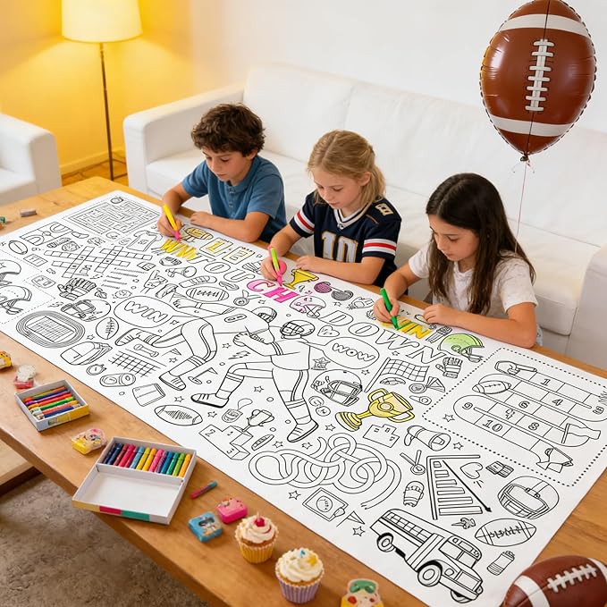 Coloring Tablecloth for Kids, 31 x 72 Inch Touchdown Theme Paper Coloring Poster Sports Party Games, Giant Coloring Activity Table Cover Decor, DIY Family Activities Drawing Tablecloth